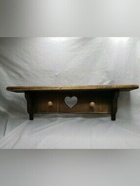 Vintage Wooden Country Heart Wall Shelf With Pegs Distressed 90s 2 Feet Long